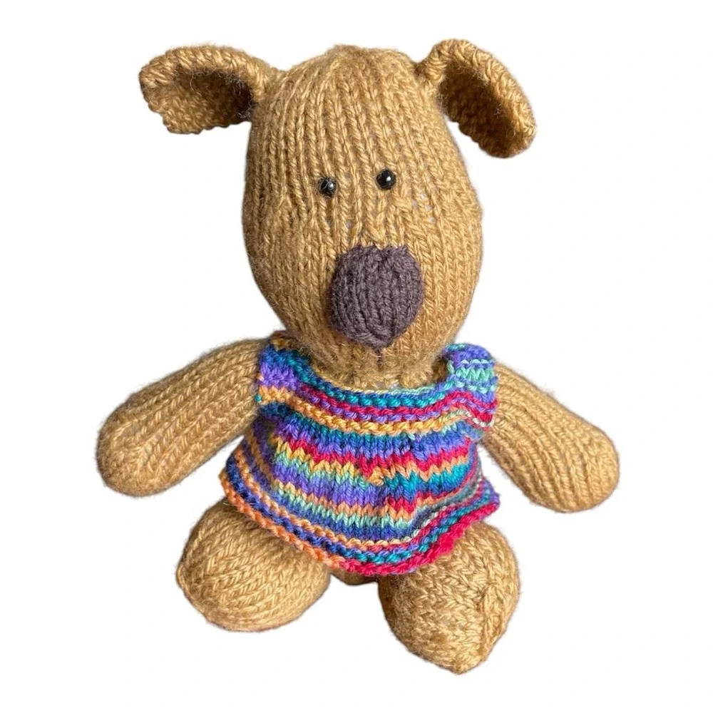 Handmade Puppy with Vest Stuffed Animal‎ Soft Knitted Golden Brown Dog Wool Toy